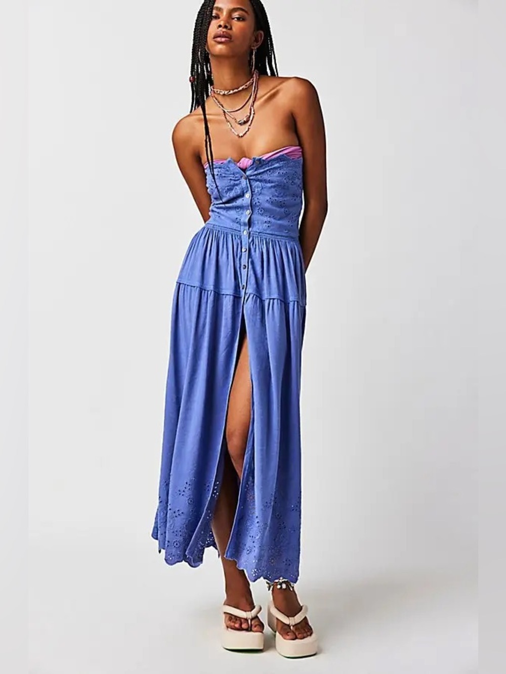 Free People Evelyn Eyelet Midi Dress in Periwinkle Blue NWT